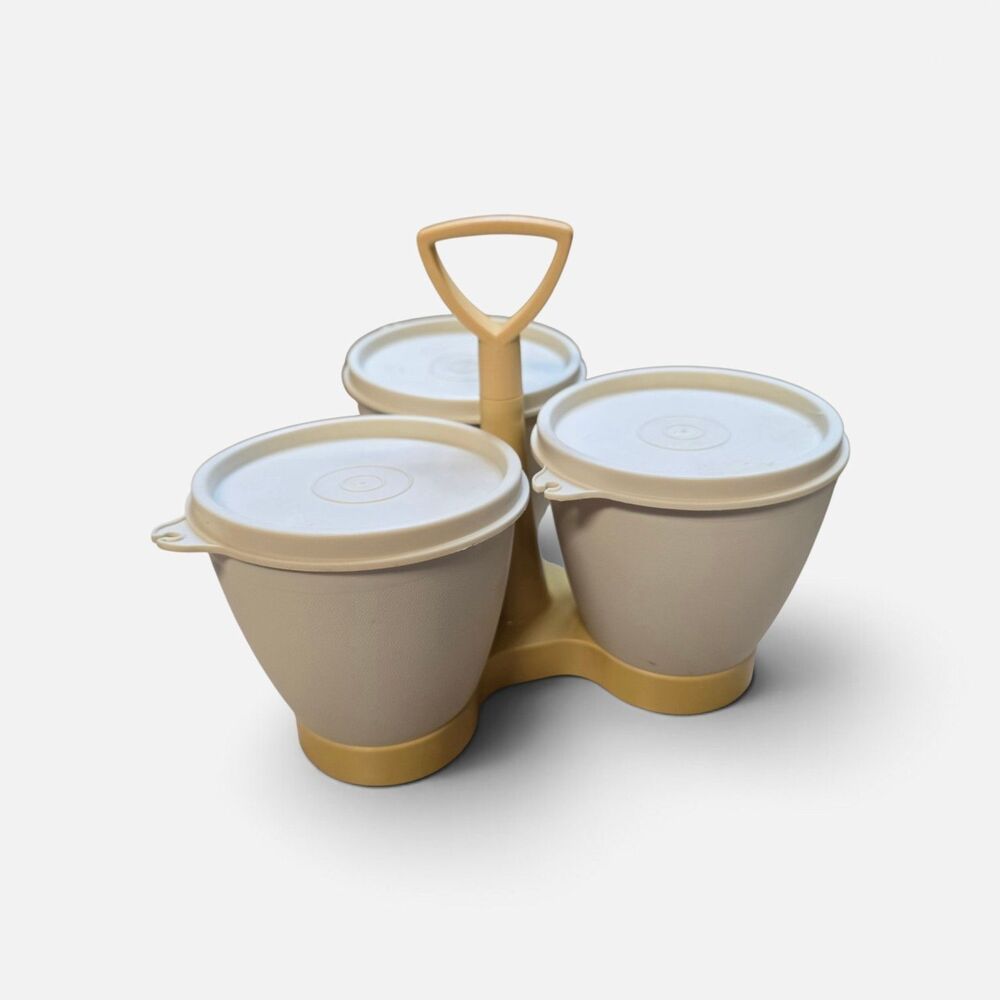 VTG Tupperware Condiment Relish Caddy Set Yellow Base with Cups and Lids